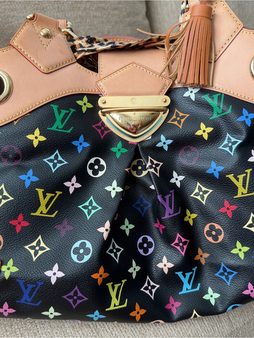Louis Vuitton Black Multicolor Monogram Shoulder Bag with Natural Leather Trim